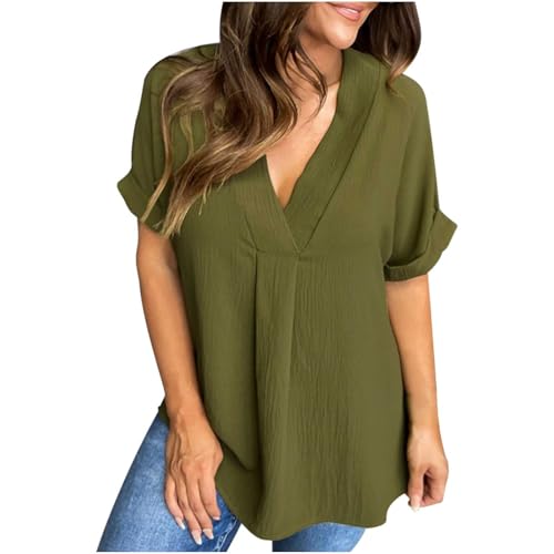 Womens Plain Tops Blouses for Women Short Sleeve V Neck Rayon Fall Summer Shirts 2025 Trendy Y2K