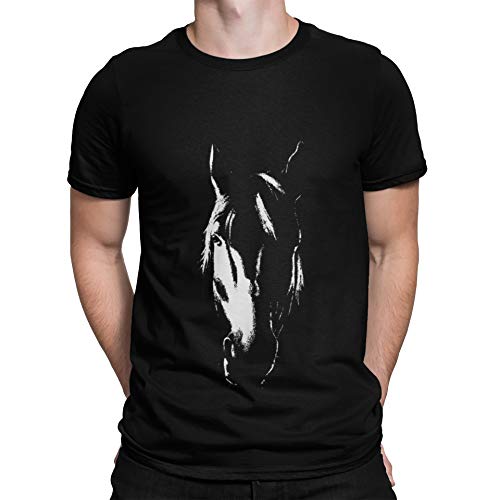 crintiff - T-Shirt Cheval avec Tete de Mustang. T-Shirt Homme - Noir et Blanc - 100% Cotton - Col Rond Cover