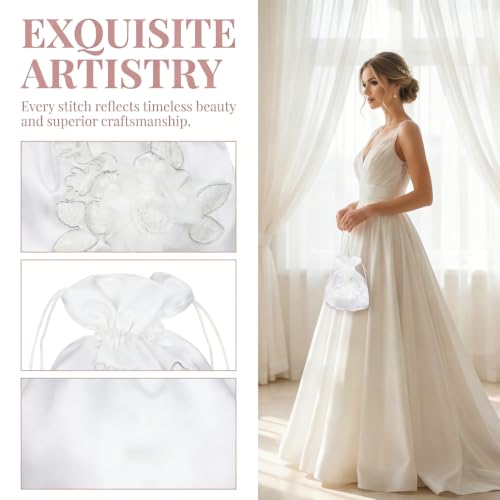 Bolso nupcial de raso blanco para boda, con cordón, para novia o damas de honor, ideal como bolsa de favores o para dulces, 8,85 x 8,66 pulgadas miniatura 6