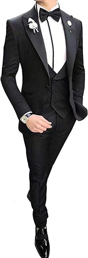 Ulnomio Men's Three Piece Suit Classic Fit Peak Lapel One Button Business Wedding Party Jacket & Vest & Pants