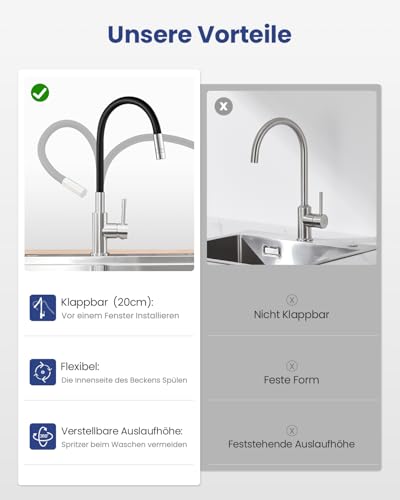 Sofetiy Flexible Küchenarmatur Schwarz, Wasserhahn Küche mit 2 Wasserstrahlen, Mischbatterie Küche Schwarz, 360°Armatur küche mit Flexiblem Auslauf, Spültischarmatur Hochdruck Edelstahl, Kitchen Tap