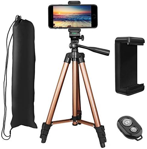 Phone Tripod Designed for Journey, PEYOU 50" Adjustable Portable Lightweight Travel Phone Tripod Stand [3-Way Pan Head] Camera Tripod with Phone Holder Mount Compatible for DSLR Canon Nikon, Gold