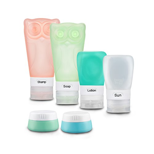 Leak Proof Travel Bottles Set - 4 Refillable TSA Approved Silicone Travel Containers For Liquids with Silicone Cream Jar - BPA Free For Shampoo, Conditioner, Soap, Lotion, Sunblock, Toiletries