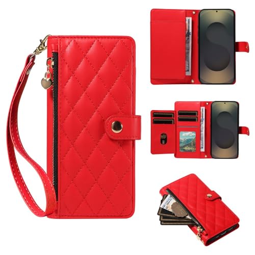 Étui portefeuille Galaxy S25 Plus rouge en cuir avec fermeture éclair