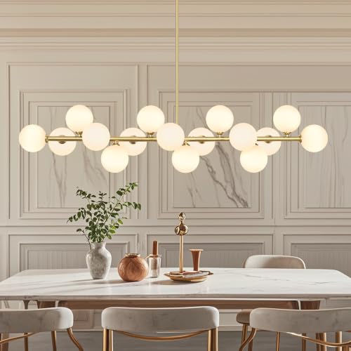Modern Linear Chandeliers for Dining Room, 55" Gold Sputnik Chandelier 16 Light Mid Century Bubble Chandelier Dining Room Light Fixture White Glass Globe Chandelier Island Lights, Electroplated Brass