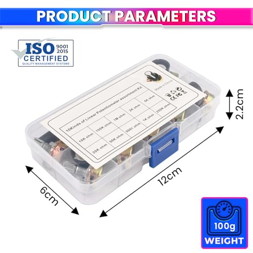 Image of 10Pcs Potentiometer Kit with Switch & Cap | Adjustable Resistors 1K /2K /5K /10K /20K /50K /100K /250K /500K /1M | Durable Carbon Film & Metal Build with 10 Knobs, Nuts & Washers in Storage Box
