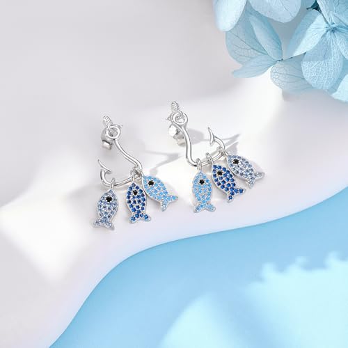 Fish Earrings Sterling Silver Stud Dangle Earrings with Fish Hook Ocean Animal Jewelry for Women Mom2