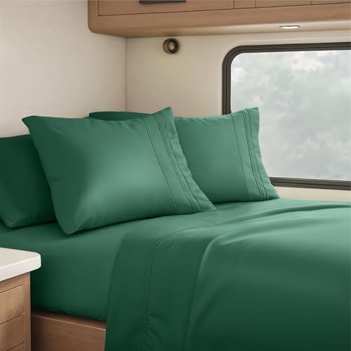 Image of Nestl Dark Green Short Queen Sheets for RV, Hotel Luxury RV Queen Sheets Set, 4 Piece Fitted Bed Sheet Set and Pillowcases, Super Soft, Wrinkle-Free, and Breathable Camper Bedding