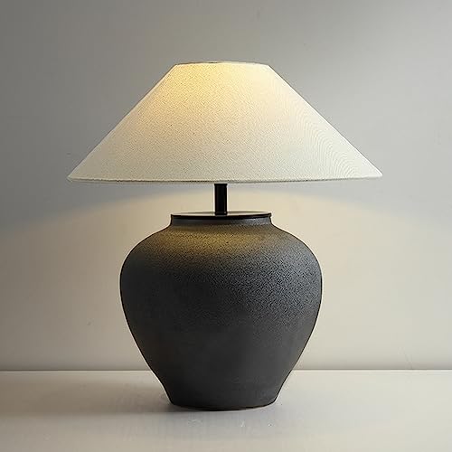 Black Table Lamp Farmhouse Ceramic Table Lamp,Small Desk Lamp with Fabric Shade, Bedside Night Lamps for Bedroom Living Room