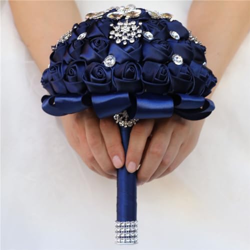 TUAGYMKR Handmade Rhinestone Brooch Satin Bridal Bouquet,Extra Large Crystal Wedding Round Tossing Bouquet,Artificial Flower Bunch with Diamond Pearl Ribbon 9.5
