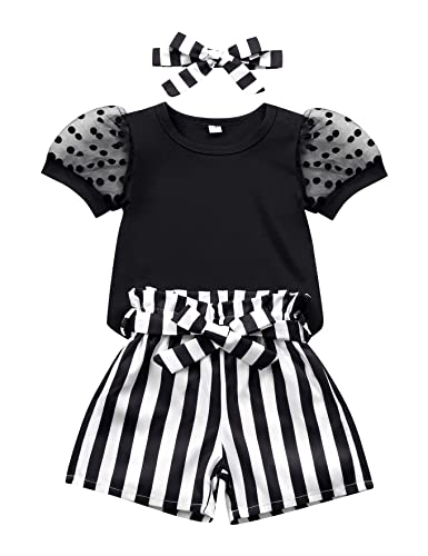 Image of Axumity Toddler Girls Clothes Outfits Summer Puff Short Sleeve Blouse Tops with Dots + Striped Shorts + Headband 3PCS Clothing Set(3-4T)