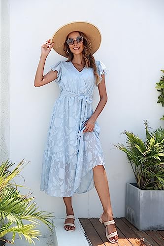 Image of VintageClothing Womens Sundress Casual Floral Summer Boho Dress | Flowy Wrap V Neck Ruffle A-Line Pleated Hem Midi Dresses