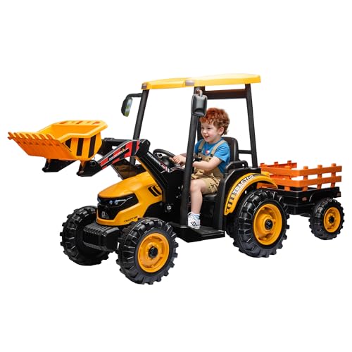 Albott 24V Ride on Tractor for Kids with Trailer & Front Loader, 3-in-1 Electric Construction Vehicle, Dual Motors, All-Terrain Wheels, LED Lights, Outdoor Gift for Boys Girls Ages 3-8 (Yellow)
