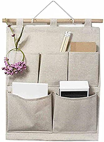 KINGREE Over The Door Magazine Storage Pockets, Wall Door Closet Hanging Storage Bag Organizer, (5 Pockets-Nature)