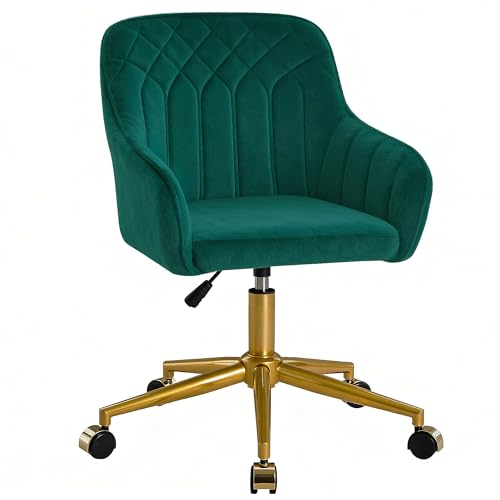VECELO Modern Velvet Swivel Home Office Desk Chair with Back & Rolling Wheels, Adjustable Seat Height for Girls Women Bed Room Vanity Makeup-Task-Computer Work, Green