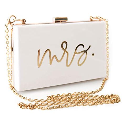 ModParty Mrs Acrylic Clutch Purse | Bridal Shower, Engagement, & Honeymoon Gift | Bride to Be Accessory | Crossbody with Removable Chain | White and Gold Cover