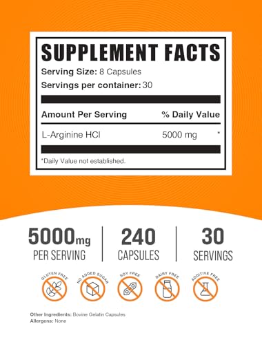 BulkSupplements.com L-Arginine HCl Capsules - Arginine Supplement, Nitric Oxide Supplement, L Arginine Capsules - Nitric Oxide Pills, Gluten Free - 8 Capsules per Serving, (5000mg) 240 Capsules