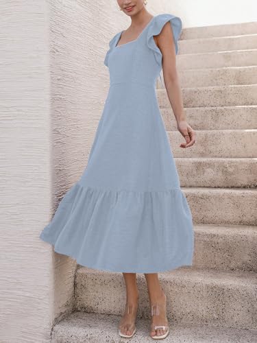 Image of Sugathari Girl's & Women's Solid Color Square Neck, Ruffle-Trimmed Hem Sleeveless, Ruffle Armhole and Casual Dress with Cinched Waist Vacation Outfits Woman (Dress 176)