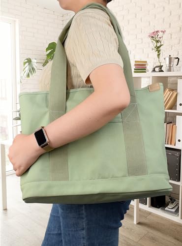 Image of TeeYee 16oz Canvas Tote Bag Casual Multi pockets Handbags Large Capacity Shopping Shoulder Bag with Pocket Bags Work Purses