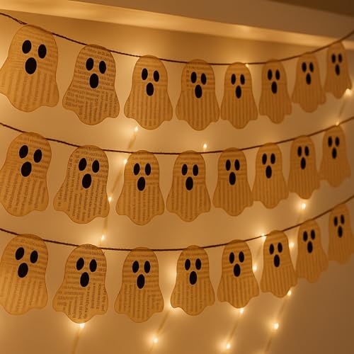 VitalCozy Halloween Vintage Decor 8.2ft 22 Pcs Vintage Book Ghost Garland Paper Halloween Ghost Bunting for Spooky Party Fireplace Mantel Wall Indoor Decor