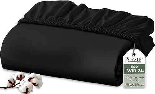 Image of Royale Linens 100% Organic Cotton Fitted Sheet - Percale Weave - Super Soft Deep Pocket Bottom Sheets - Black Elastic Sheet Twin XL Size - Twin XL Fitted Sheets Only - (39 inchx80 inch+15 inch, Black)