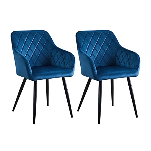 CLIPOP Lot de 2 chaises de Salle à Manger en Velours avec Dossier, accoudoirs et Pieds en métal, chaises d'angle de Salon pour la Maison ou Le Bureau (Bleu) Cover