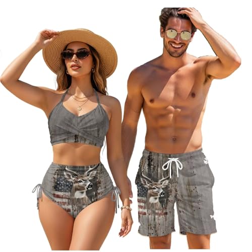 TOADDITDO Oak Hunting Deer Flag Matching Couples Set Fashion Swimsuits for Couple His or Her High Waisted Bikini Set &Quick Dry Beach Shorts with Pockets for Men Women-L