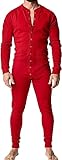 Mens Long Sleeve Onesie Henley Jumpsuit Pajamas Stretchy Cotton One Piece Garment Red M