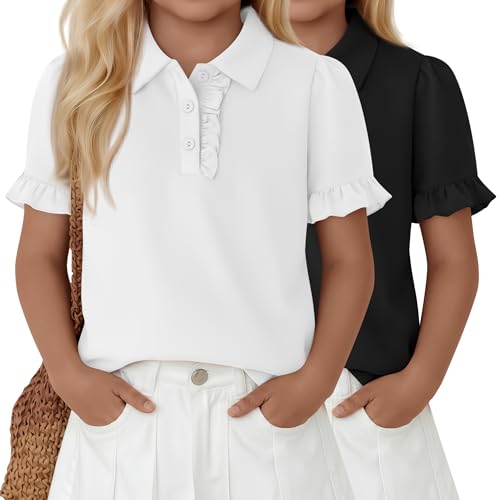 JoyMotion 2 Pack Girls' Ruffle Polo Shirts Puff Short Sleeve School Uniform Shirts Cute Summer Collared Tops 5-14 Years(7-8 Years,White, Black)