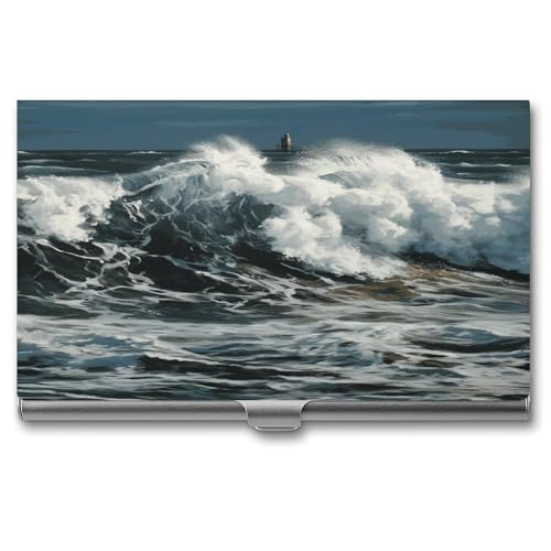 LDGSUPH The Sea Waves Business Card Holder Fashion Slim Name Card Holder Minimalist Design Case Metal Card Carrier Personalized Business Card Case with Flip for Men Women