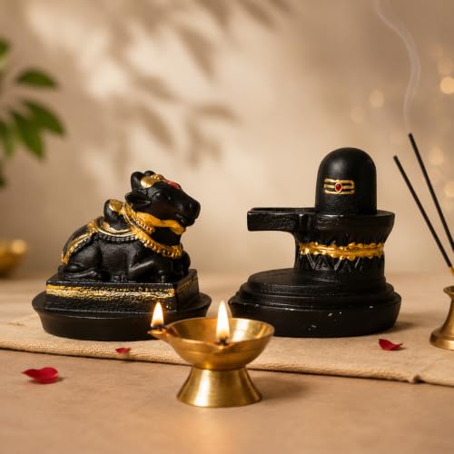 Image of POOMEE Divine 3-Inch Resin Shivling and Nandi Ji Statue Set - Premium Handcrafted Mahadev & Nandi Bull Murti for Home Temple, Mandir, Car Dashboard, and Spiritual Gifting (Matte Black & Gold)