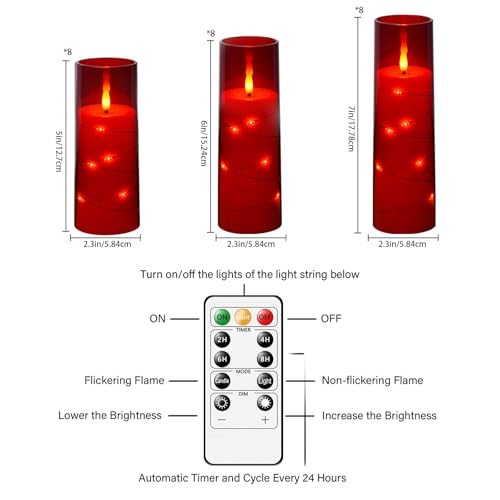 Image of Nimiko Flickering Flameless LED Candles,Battery Operated Candles 24 Pcs with Embedded Star String,Acrylic LED Pillar Candles with Remote,Suitable for Home Decoration to Create an Atmosphere (Red)