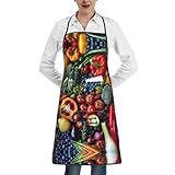 Tnnutp Küchenschürze mit frischem Obst und Gemüse, kreatives Grillen, Backen, mit Tasche, Weiss/opulenter Garten, Einheitsgröße