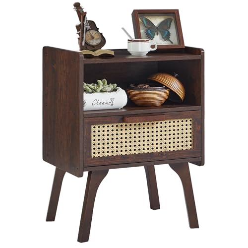 Image of Lerliuo Rattan Nightstand, Bedside Table with Drawer Open Shelf | Cane Accent Side End Table with Solid Wood Legs, Walnut Vintage Night Stand for Bedroom, Dorm and Small Spaces