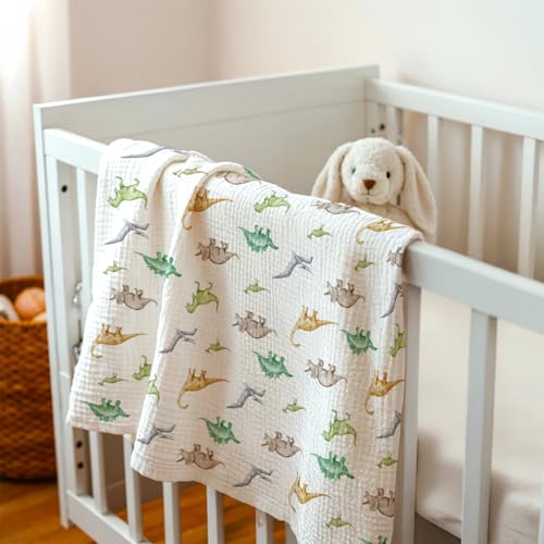 Image of Dinosaur Baby Blankets for Boys, Newborn, Soft Nursery Minky Blankets with Muslin and Dotted Fleece Back 30x40 inches, Receiving Bed Quilt for Infants, Toddlers