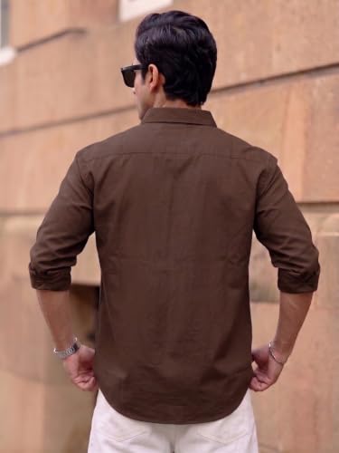 Image of Men's Brown Solid Full Sleeve Casual Shirt with Chest Pocket