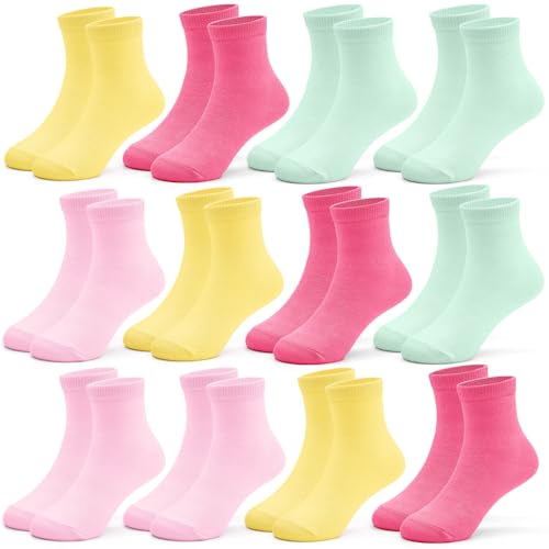 12 Pairs Girls Socks Toddler Girls Crew Socks Athletic Girl's Colorful Mid Cut Sock Multipack for Kids 1-14 Years