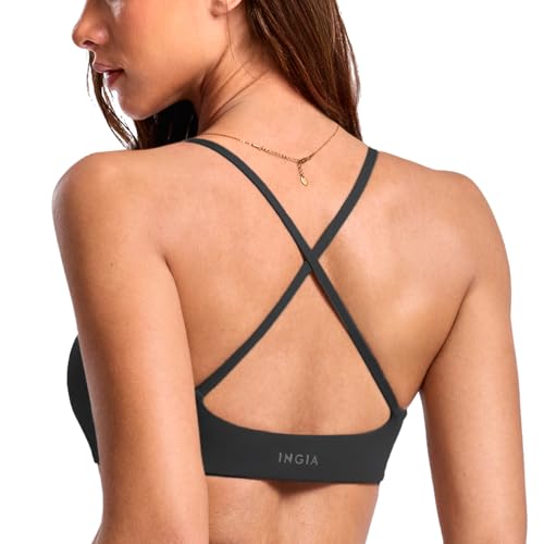 INGIA Womens Low Scoop Neck Sports Bra Spaghetti Criss Cross Strap Padded Workout Yoga Bra Crop Top Black Small