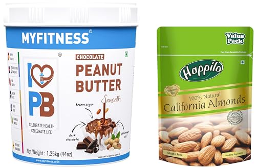 Image of Happilo 100% Natural Premium California Dried Almonds 500g Pack Pouch & MYFITNESS Chocolate Peanut Butter Smooth 1250g | 22g Protein