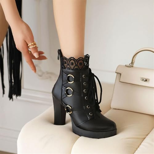 Image of FOREADA Goth Platform Heel Combat Boots Women Pearl Lace Victorian Booties