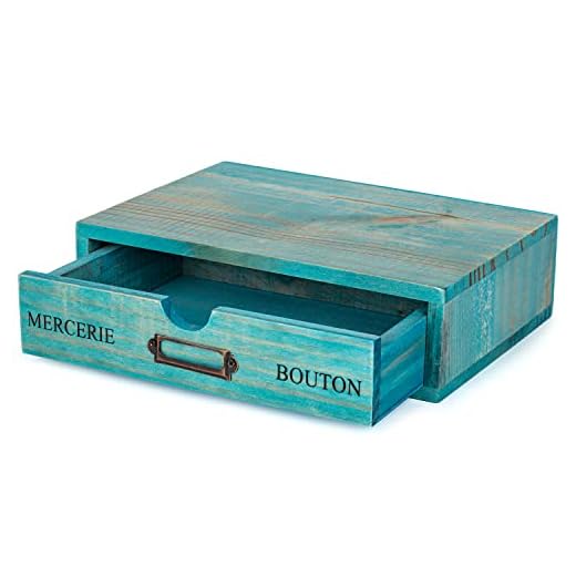 Turquoise Single Drawer Unit - European Country Style Desk Organizer Box - 9.7x7x2.6 Teal Wooden Stackable Drawer - Countertop Organizer Drawer w/ Label Holder - Single Monitor Shelf