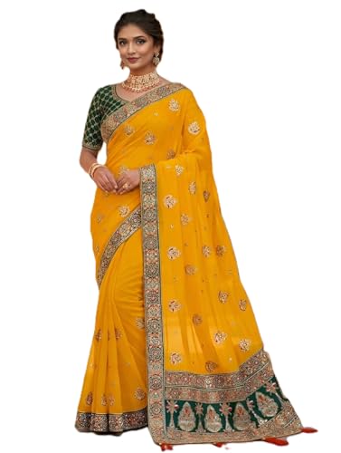 Image of Women's Bollywood Heavy Sequins Embroidery Work Georgette Saree with Unstitched Blouse