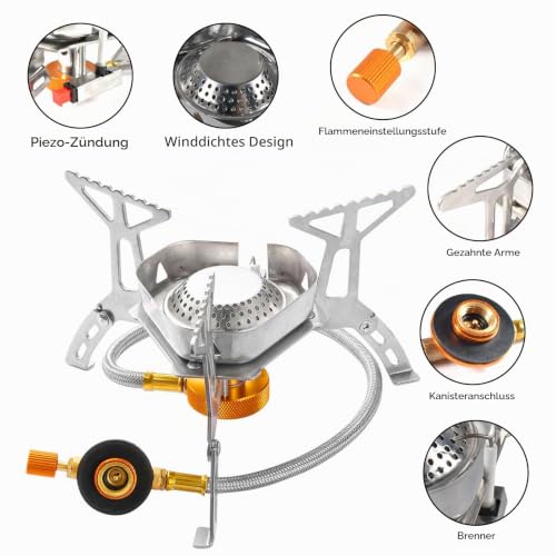 Foto von AUEJACKY Campingkocher 3500W, Winddicht Gas Campingkocher mit Piezozündung, Klein Faltbar Camping Gaskocher, Gaskocher mit Adapter Camping für Outdoor Picknick Camping Trekking Wandern (A)