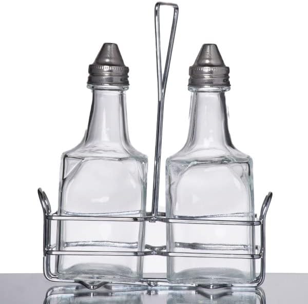 6 oz. (Ounce) Tabletop Oil and Vinegar Cruet Glass Bottle Bottles Cruets Dispenser w/Chrome Plated Caddy Holder, Two (2) Cruet Bottles