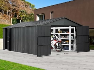 Domi 12x15FT Outdoor Metal Garage Shed, Extra Large Metal Carport with Lockable Double Hinged Doors, Heavy Duty Car Shelter for Car, Truck, Motorcycle and Lawn Equipment, Dark Grey