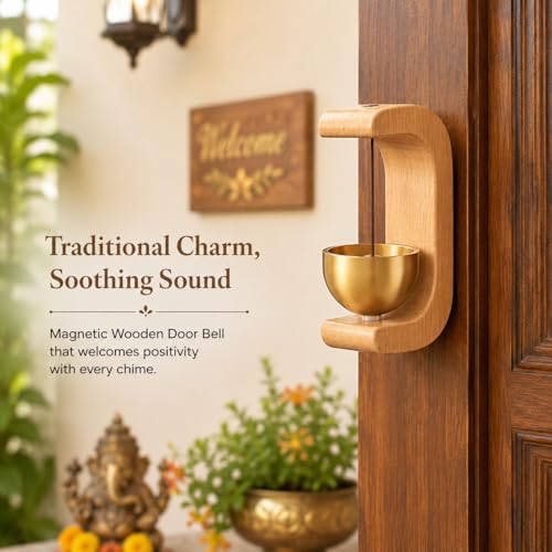 Image of Wooden Door Bell with Brass Bowl | Magnetic Door Chime Bell | Shopkeepers Doorbell for Door Opening | Decorative Magnetic Chime | Ideal for Home, Shop & Housewarming Gift
