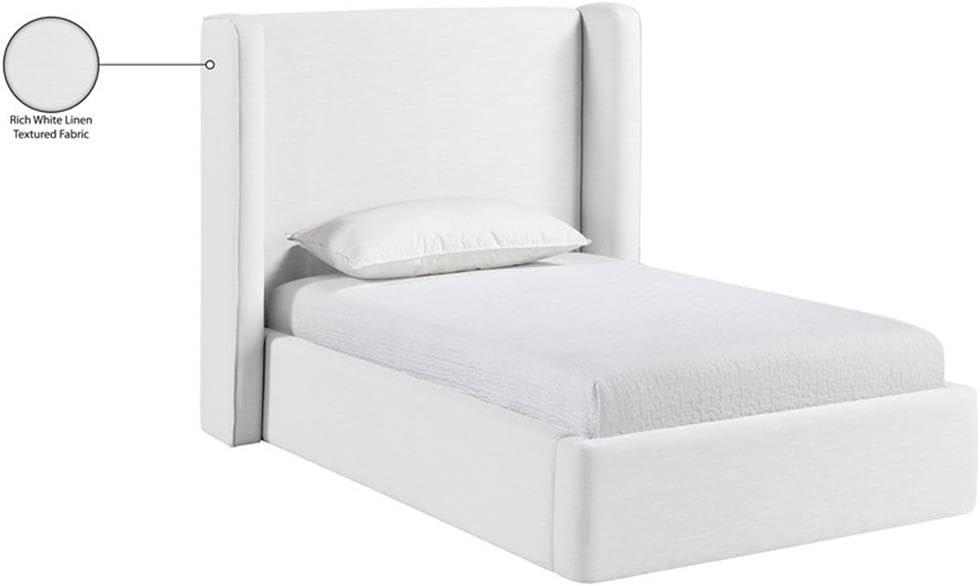 BOWERY HILL Twin Bed, Contemporary White Linen Textured Fabric Upholstery, Fully Slatted Design, 52.75" W x 84" D x 48" H, Durable Construction, Elegant Bedroom Furniture