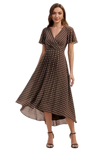 Image of Ever-Pretty Women's Wedding Guest Dress Chiffon Midi Polka Dot V-Neck High-Low Hem Floral Casual Dresses Brown Polka dots 14