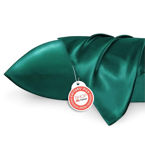 Image of Bedsure Satin Pillowcases, Similar to Silk Pillow Cases Queen Size Set of 2, Pillow Case for Sleeping Women with Envelope Closure, Gifts for Women Men, Dark Green, 20x30 Inches, 2pcs