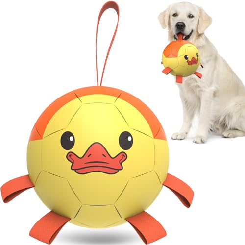 Image of QDAN Dog Toys Soccer Ball with Straps, Interactive Dogs Toys for Tug of War, Puppy Birthday Gifts, Dogs Tug Toy, Dog Water Toy, Durable Dog Balls for Medium & Large Dog - Duck(8 Inch) | Durable Dog Balls for Aggressive Chewers, Interactive Soccer Ball Toys, for Tug of War, Birthday Gifts for Large Dogs, Duck